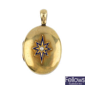 A late Victorian gold split pearl and enamel locket, circa 1880.