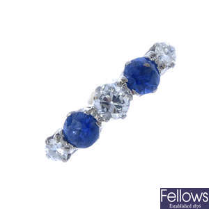 A mid 20th century 18ct gold diamond and sapphire five-stone ring.
