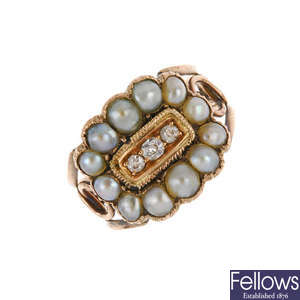 A late Victorian split pearl and diamond ring.