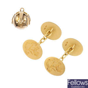 A pair of 18ct gold cufflinks and a Masonic ball pendant.