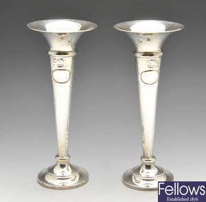A large pair of Edwardian silver bud vases.