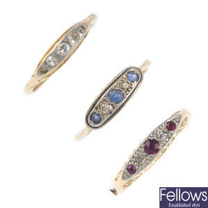Three early 20th century gold diamond and gem-set dress rings.
