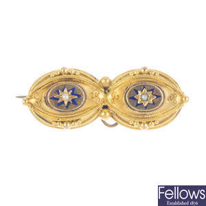 A late Victorian gold, split pearl and enamel brooch.