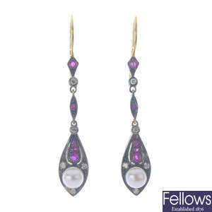 A pair of ruby, diamond and freshwater cultured pearl earrings.