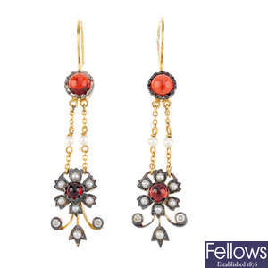 A pair of garnet, diamond and split pearl earrings.