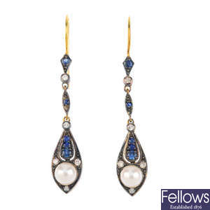 A pair of cultured pearl, sapphire and diamond earrings.