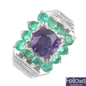 A 1970s 18ct gold amethyst and emerald cluster ring.
