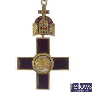 An enamel cross pendant, with chain.