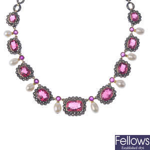 A tourmaline, diamond and cultured pearl necklace.