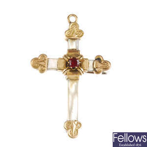 A late 19th century mother-of-pearl, gold and red paste cross pendant.