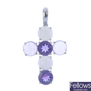 An amethyst and chalcedony cross pendant.