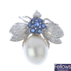 A cultured pearl, sapphire and diamond bee brooch.