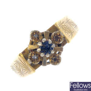 An 18ct gold blue-gem and diamond cluster ring.