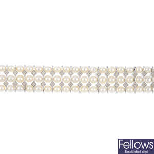 An 18ct gold cultured pearl and diamond bracelet.