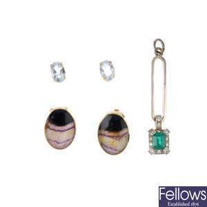 Four pairs of gem-set earrings, a 9ct gold necklace and a jewellery component.