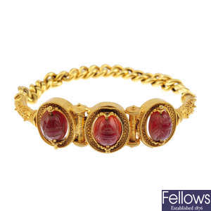 A mid Victorian gold hardstone Archeological and Egyptian revival bracelet, circa 1870.
