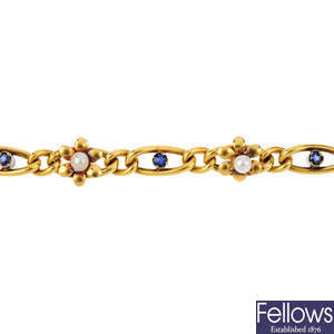 An early 20th gold century sapphire and seed pearl bracelet.