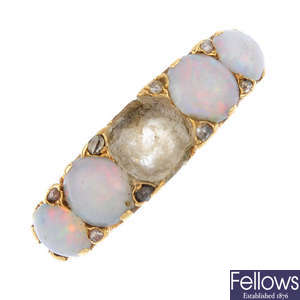 A late Victorian 18ct gold opal five-stone and diamond ring.