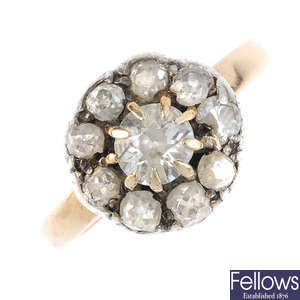 A mid Victorian silver and gold diamond cluster ring.