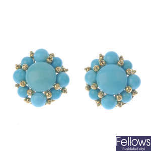 A pair of reconstituted turquoise cluster earrings.