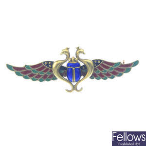 An early 20th century American 14ct gold enamel Egyptian Revival brooch.