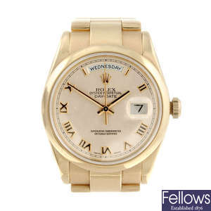 ROLEX - a gentleman's 18ct rose gold Oyster Perpetual Day-Date bracelet watch.