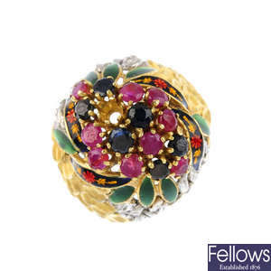 A ruby, sapphire and enamel dress ring.
