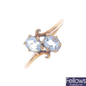 A 9ct gold aquamarine dress ring and a cultured pearl bar brooch.