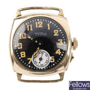 A gentleman's 9ct yellow gold trench style watch head with two watch heads.