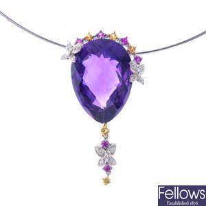 An amethyst and gem-set pedant, with chain.