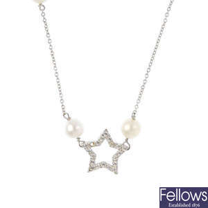 A cubic zirconia and cultured pearl necklace. 
