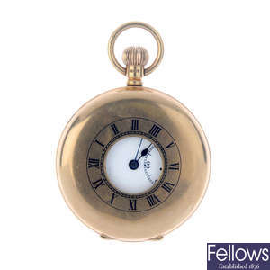 A 1920s 9ct gold pocket watch, together with a gold plate pocket watch.