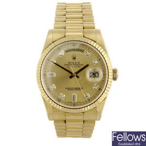 ROLEX - a gentleman's 18ct yellow gold Oyster Perpetual Day-Date bracelet watch.