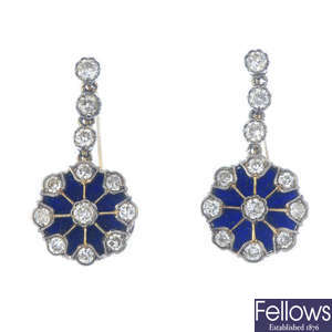 A pair of diamond and enamel earrings.