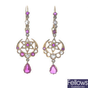 A pair of synthetic ruby and diamond earrings.