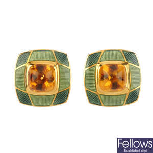 DE VROOMEN - a pair of 18ct gold citrine and enamel earrings.