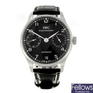 IWC - a gentleman's stainless steel Portuguese wrist watch.