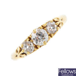 An Edwardian diamond three-stone ring.