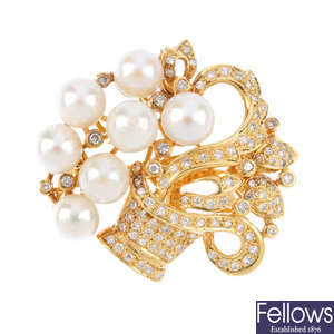An 18ct gold diamond and cultured pearl jardiniere brooch.