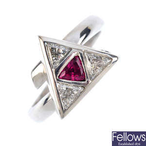 An 18ct gold diamond and ruby dress ring.
