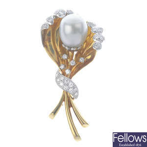 An 18ct gold cultured pearl and diamond brooch.