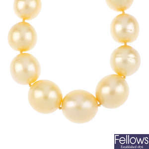 A South Sea cultured pearl single-strand necklace, with 18ct gold diamond clasp.