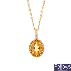 An 18ct gold citrine and diamond pendant, with chain.
