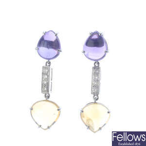 A pair of diamond, amethyst and citrine earrings.