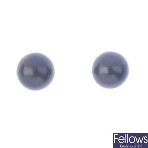 A pair of dyed cultured pearl earrings.
