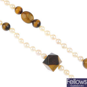 A cultured pearl and tiger's-eye quartz single-strand necklace.