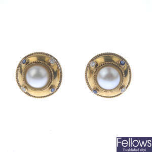 THEO FENNELL - a pair of 18ct gold mabe pearl, diamond and sapphire earrings.