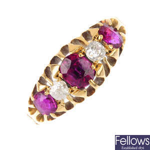A late Victorian 18ct gold ruby and diamond five-stone ring.