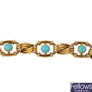 A late 19th century 15ct gold turquoise bracelet.
