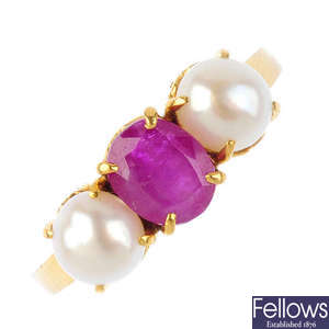 A ruby and cultured pearl dress ring.